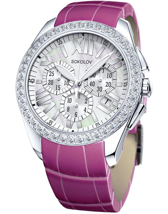 Sokolov 149.30.00.001.07.03.2  149.30.00.001.07.03.2 кварцевые женские часы серебристый циферблат, браслет кожаный — вид спереди