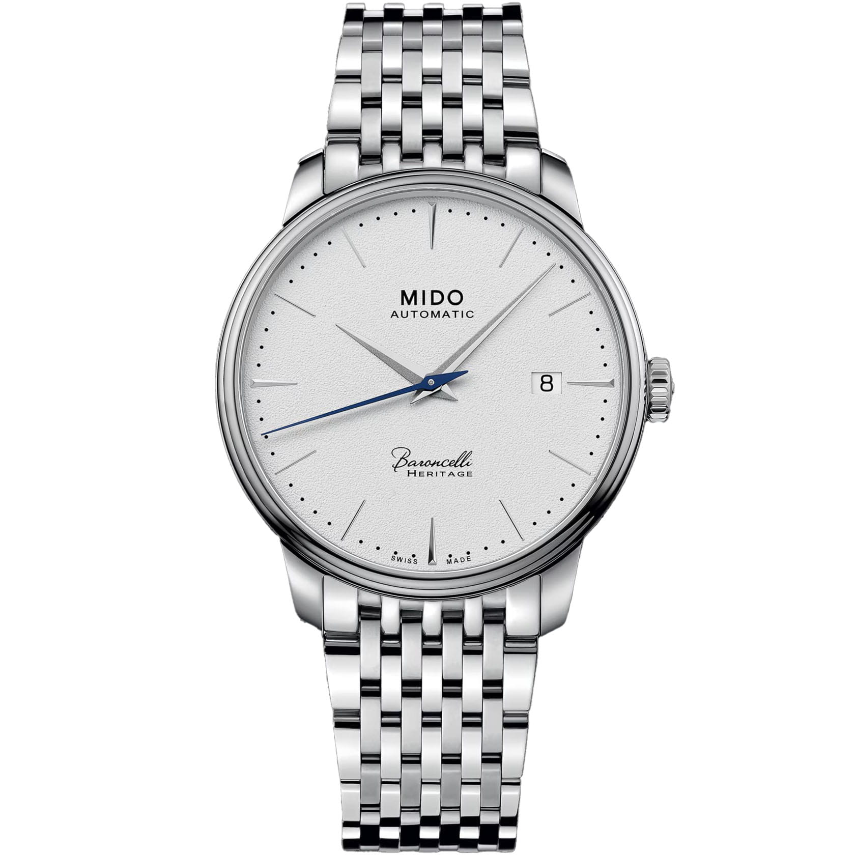 Mido Mido Baroncelli Heritage M027.407.11.011.00  M0274071101100 механические мужские часы белый циферблат, браслет нержавеющая сталь — вид спереди
