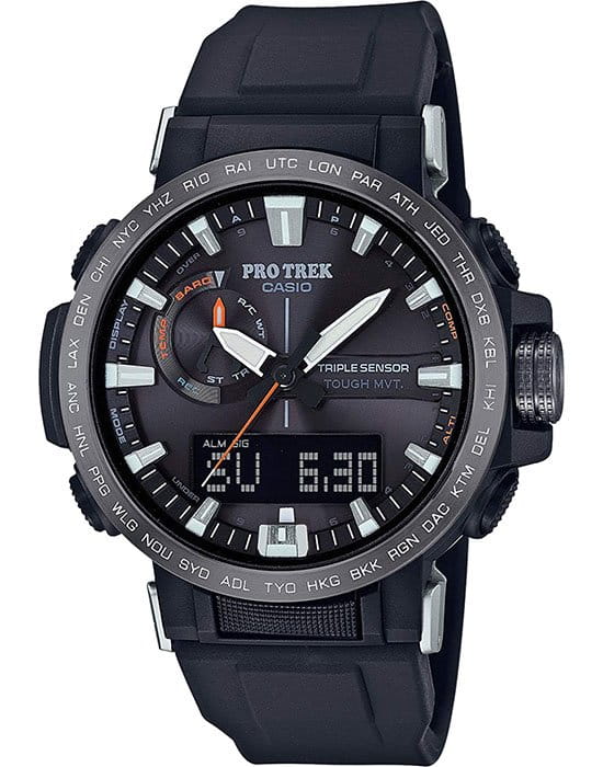 Casio Casio Pro Trek PRW-60Y-1A PRW PRW-60Y-1AER кварцевые мужские часы черный циферблат, браслет пластик — вид спереди