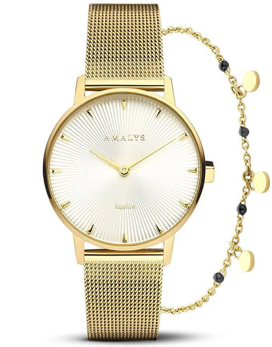 Amalys Amalys Giftboxes AMW-193  AMW-193 кварцевые женские часы белый циферблат, браслет нержавеющая сталь с pvd-покрытием — вид спереди