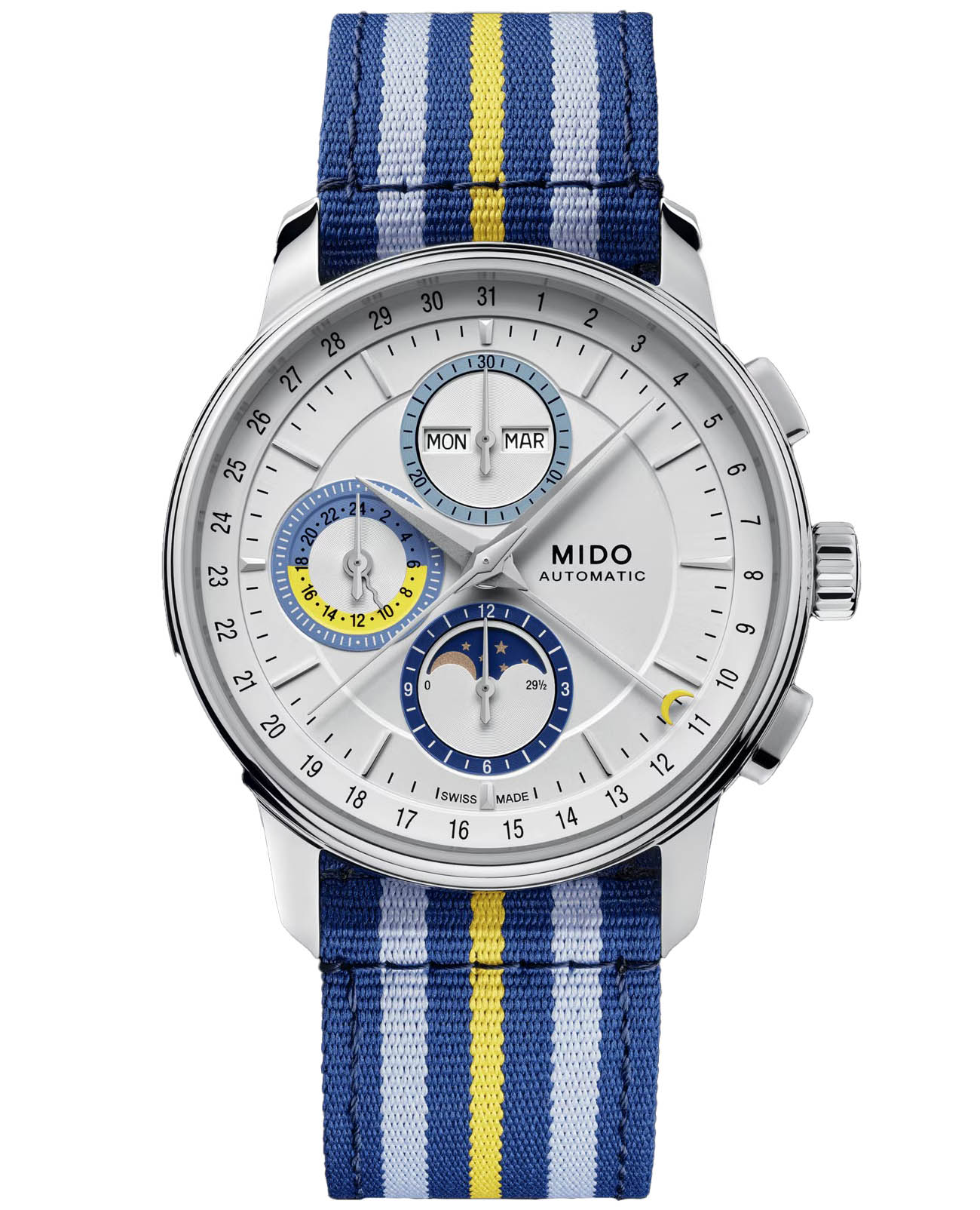 Mido Mido Baroncelli Chronograph Moonphase M027.625.17.031.00  M0276251703100 механические мужские часы белый циферблат, браслет тканевый — вид спереди