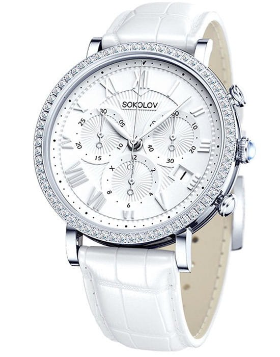 Sokolov 127.30.00.001.01.02.2  127.30.00.001.01.02.2 кварцевые женские часы белый циферблат, браслет кожаный — вид спереди
