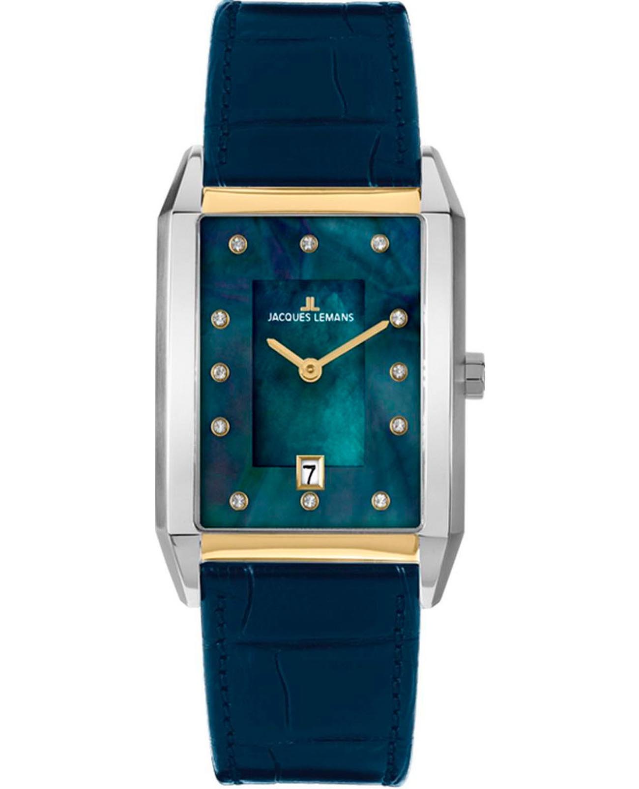 Jacques Lemans Jacques Lemans Torino 1-2158G  1-2158G кварцевые женские часы синий циферблат, браслет кожаный — вид спереди