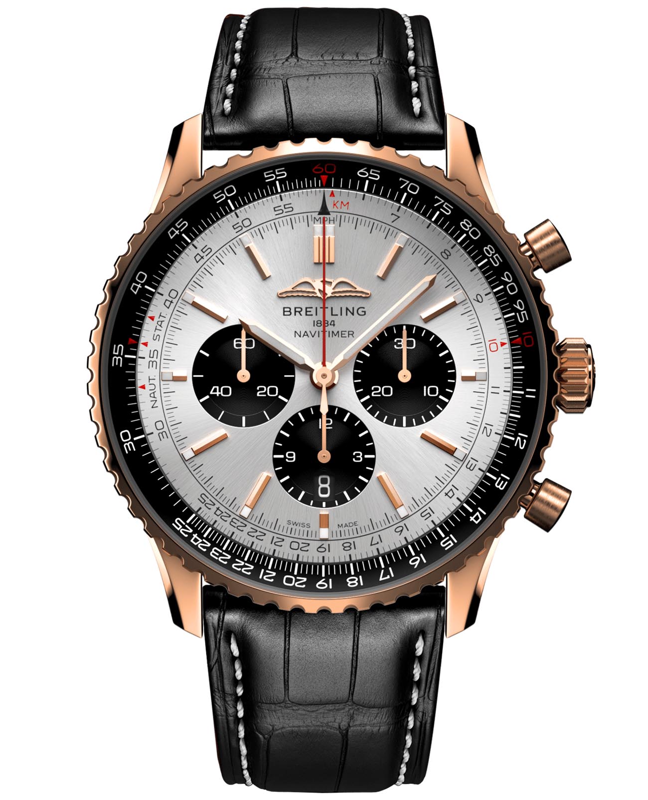 Breitling Breitling Navitimer B01 Chronograph 46 RB0137241G1P1  RB0137241G1P1 механические мужские часы серебристый циферблат, браслет кожаный — вид спереди