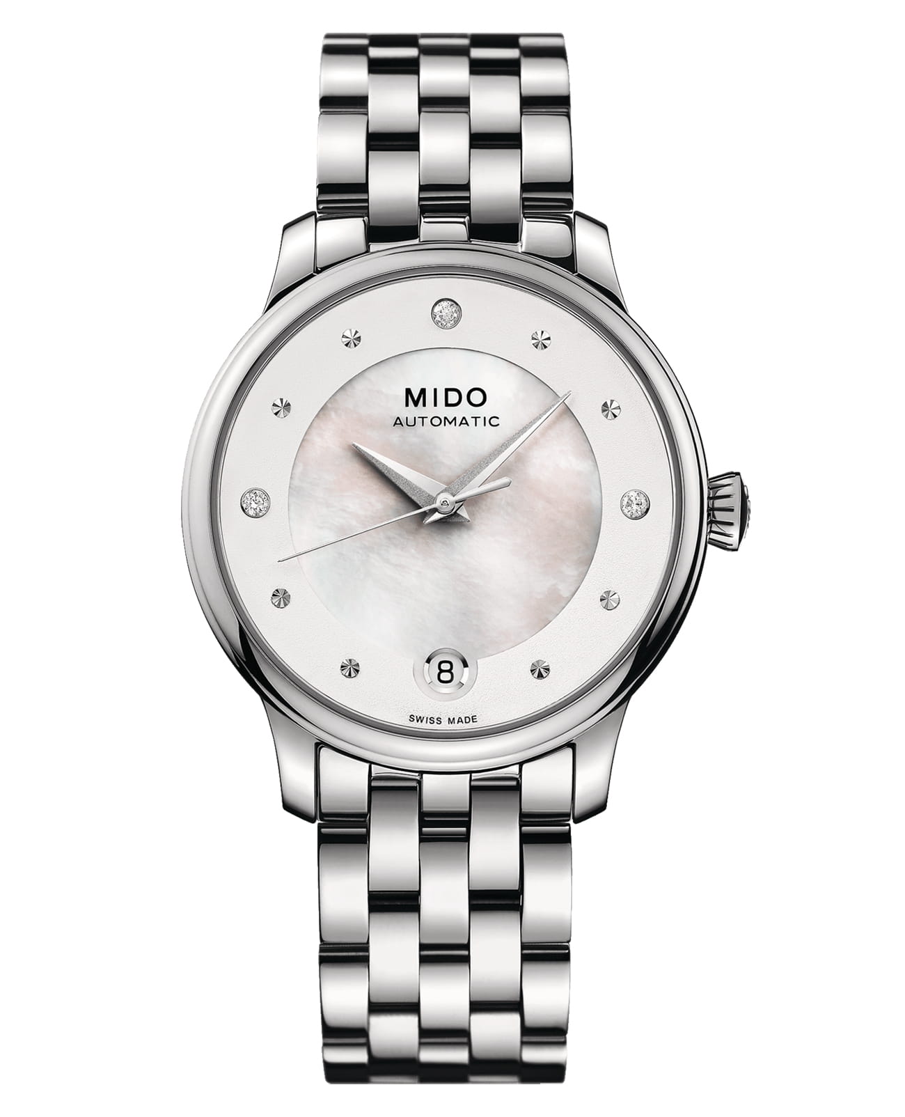 Mido Mido Baroncelli Lady Day M039.207.11.106.00  M0392071110600 механические женские часы  циферблат, браслет нержавеющая сталь — вид спереди
