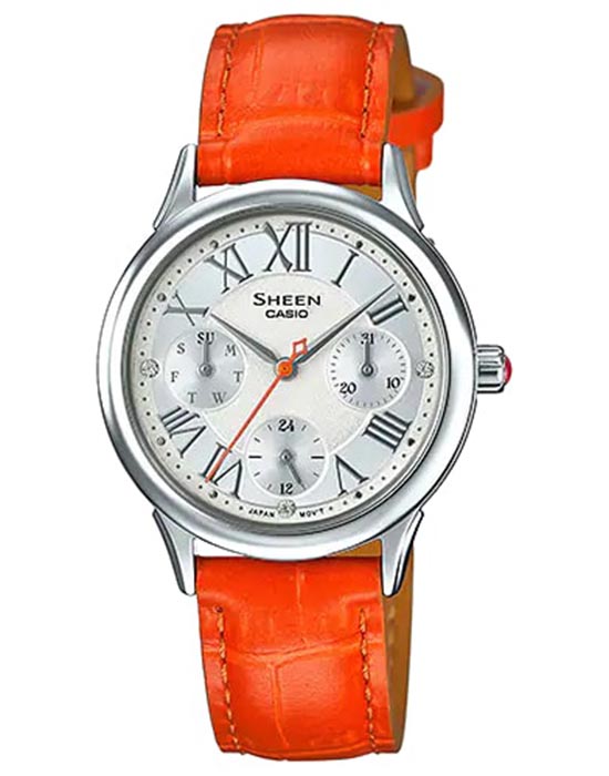 Casio Casio Sheen SHE-3049L-7A  SHE-3049L-7A кварцевые женские часы серебристый циферблат, браслет кожаный — вид спереди