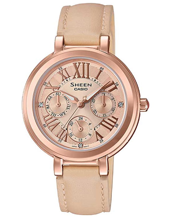 Casio Casio Sheen SHE-3034GL-9A  SHE-3034GL-9A кварцевые женские часы розовый циферблат, браслет кожа + текстиль — вид спереди