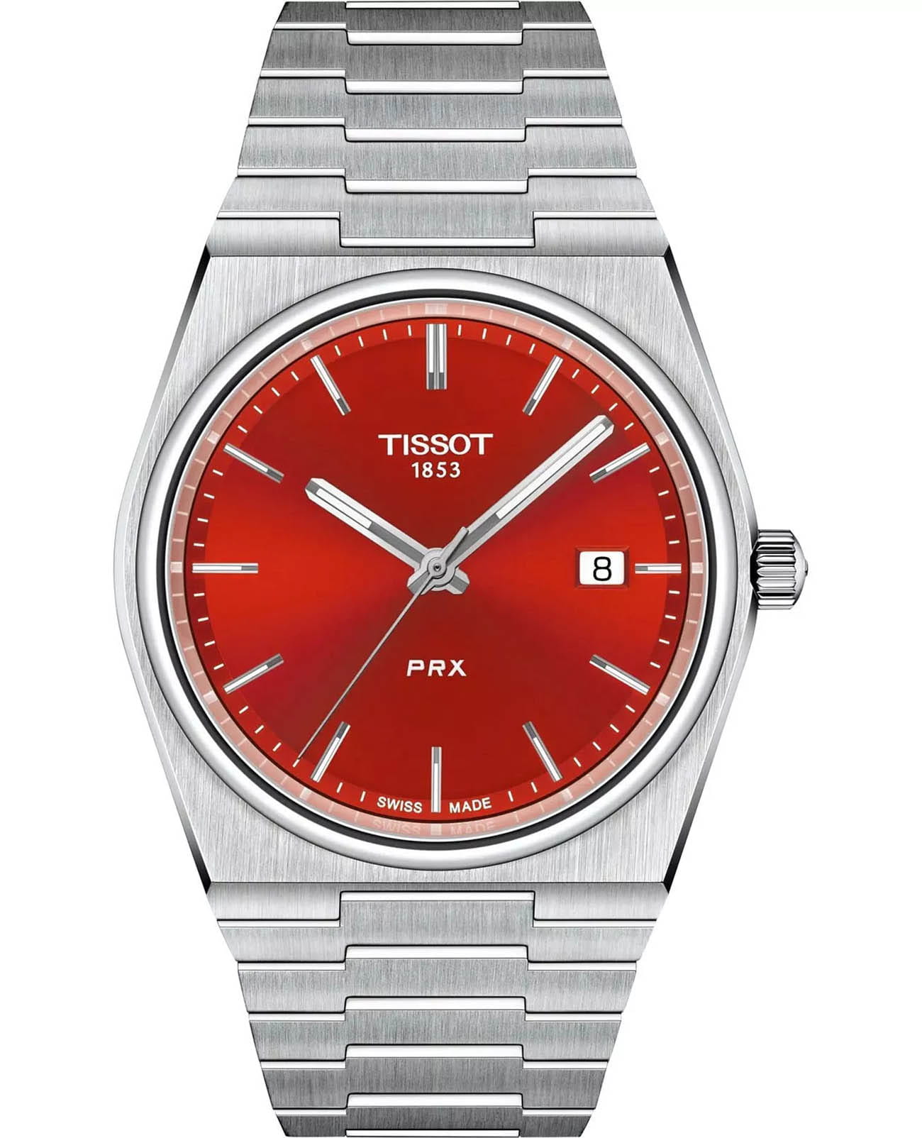 Tissot Tissot PRX Quartz 40mm T137.410.11.421.00  T1374101142100 кварцевые мужские часы красный циферблат, браслет нержавеющая сталь — вид спереди