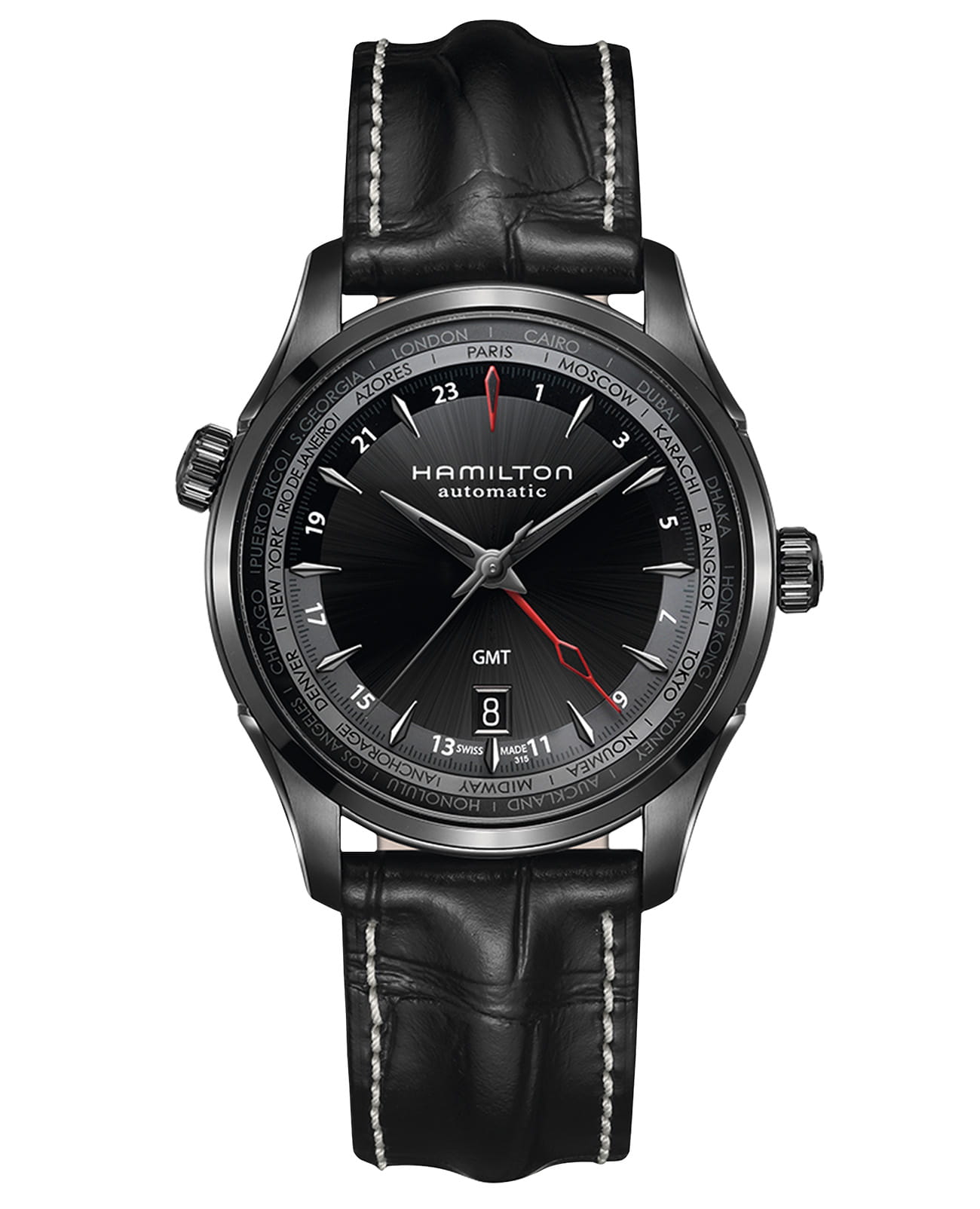 Hamilton Hamilton Jazzmaster GMT Auto H32685731  H32685731 механические мужские часы черный циферблат, браслет кожаный — вид спереди