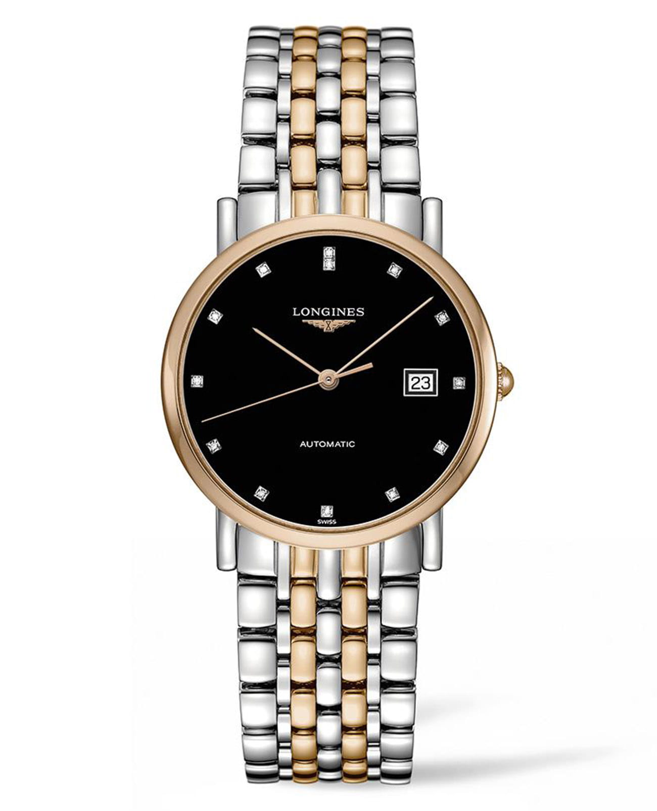 Longines Longines Elegant Collection L4.809.5.57.7  L48095577 механические женские часы черный циферблат, браслет нержавеющая сталь + золото 18к — вид спереди