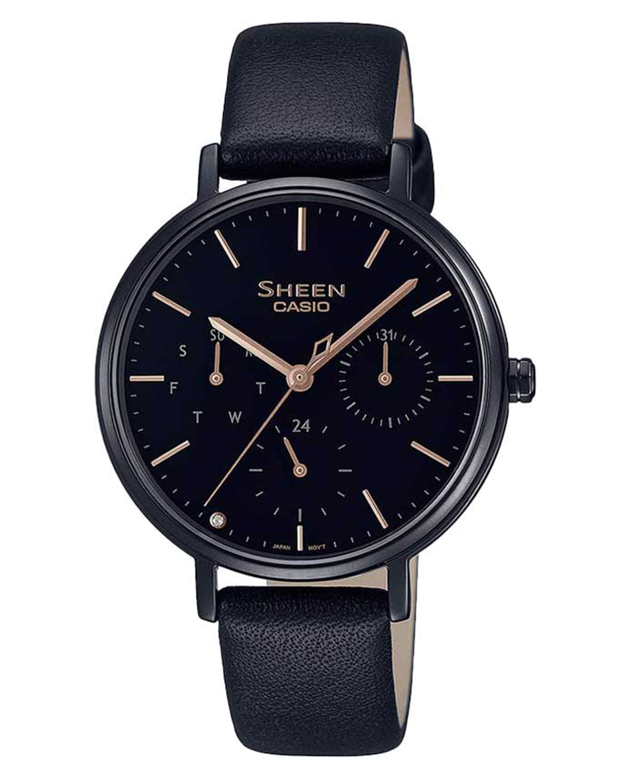 Casio Casio Sheen SHE-4541BL-1AUDF  SHE-4541BL-1AUDF кварцевые женские часы черный циферблат, браслет кожаный — вид спереди