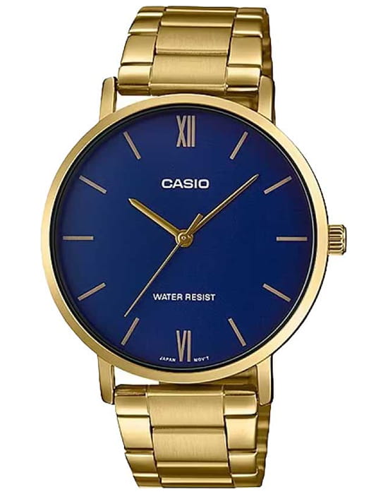 Casio Casio Collection MTP-VT01G-2BUDF (MTP-VT01G-2B)  MTP-VT01G-2B кварцевые мужские часы синий циферблат, браслет сталь с ip покрытием — вид спереди