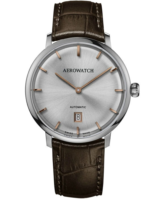 Aerowatch Aerowatch Heritage 67975 RO01  67975 RO01 механические мужские часы серебристый циферблат, браслет кожаный — вид спереди