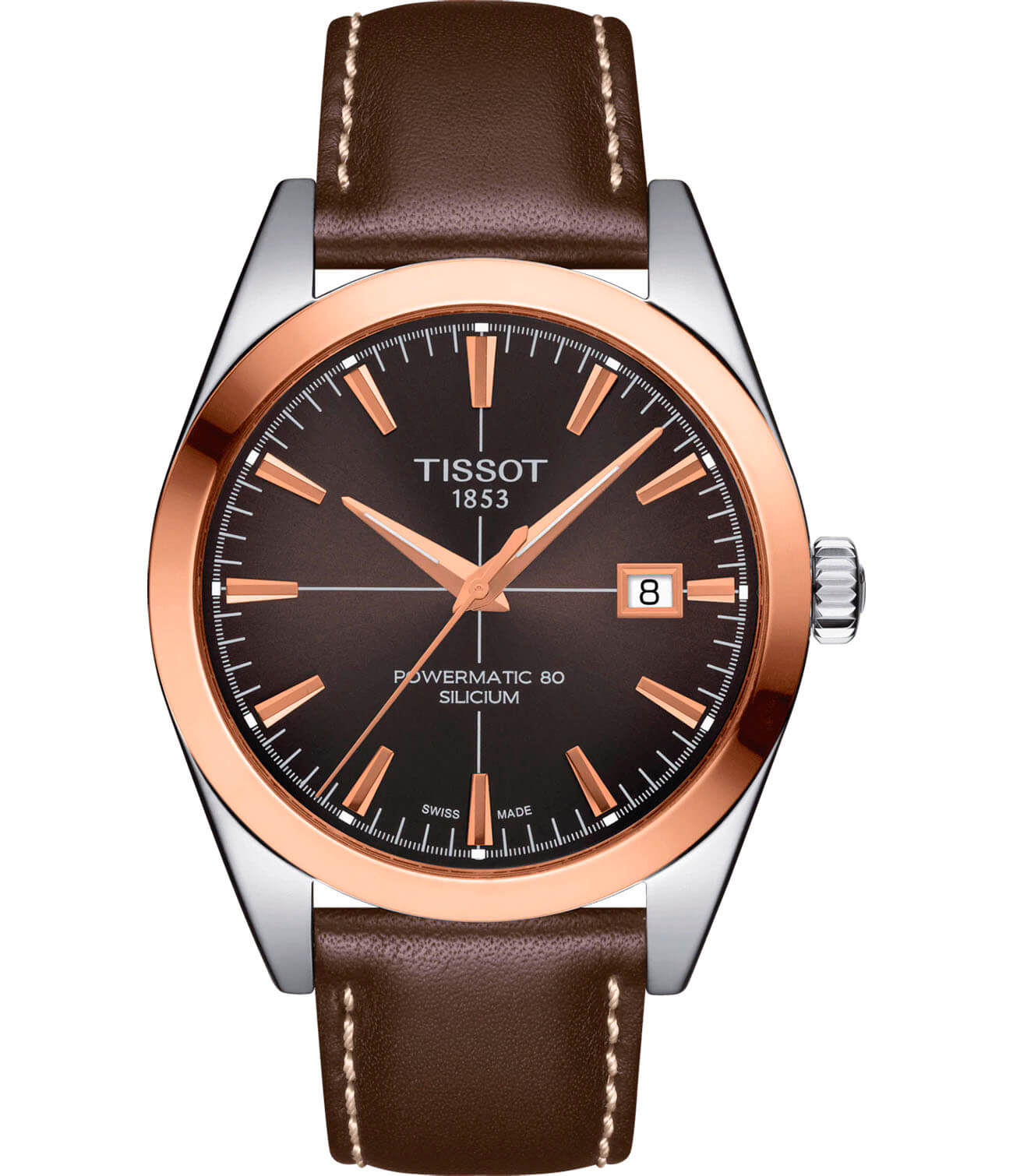 Tissot Tissot Gentleman Powermatic 80 Silicium 18K Gold T927.407.46.291.00 Gentleman T9274074629100 механические мужские часы коричневый циферблат, браслет кожаный — вид спереди