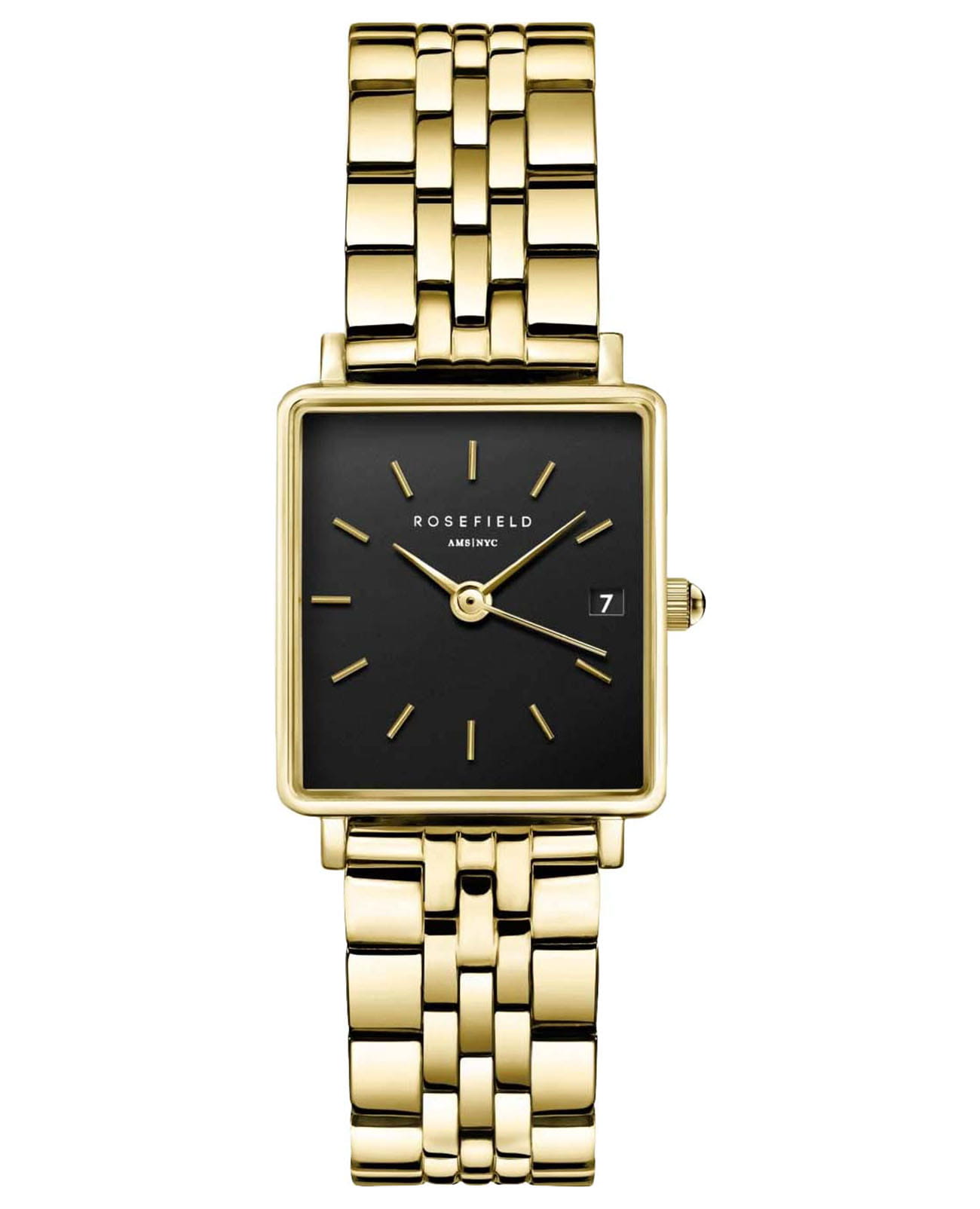 Rosefield Rosefield The Boxy XS QMBG-Q025  QMBG-Q025 кварцевые женские часы черный циферблат, браслет сталь c pvd покрытием — вид спереди