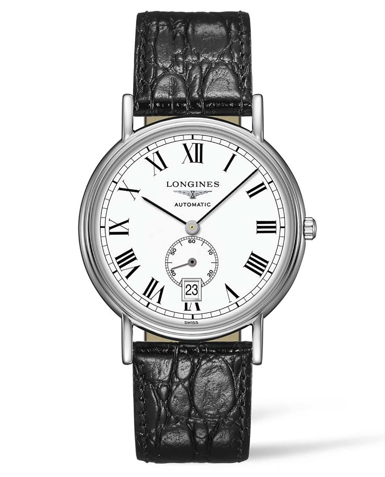 Longines Longines Presence  L4.805.4.11.2  L48054112 механические мужские часы белый циферблат, браслет кожаный — вид спереди