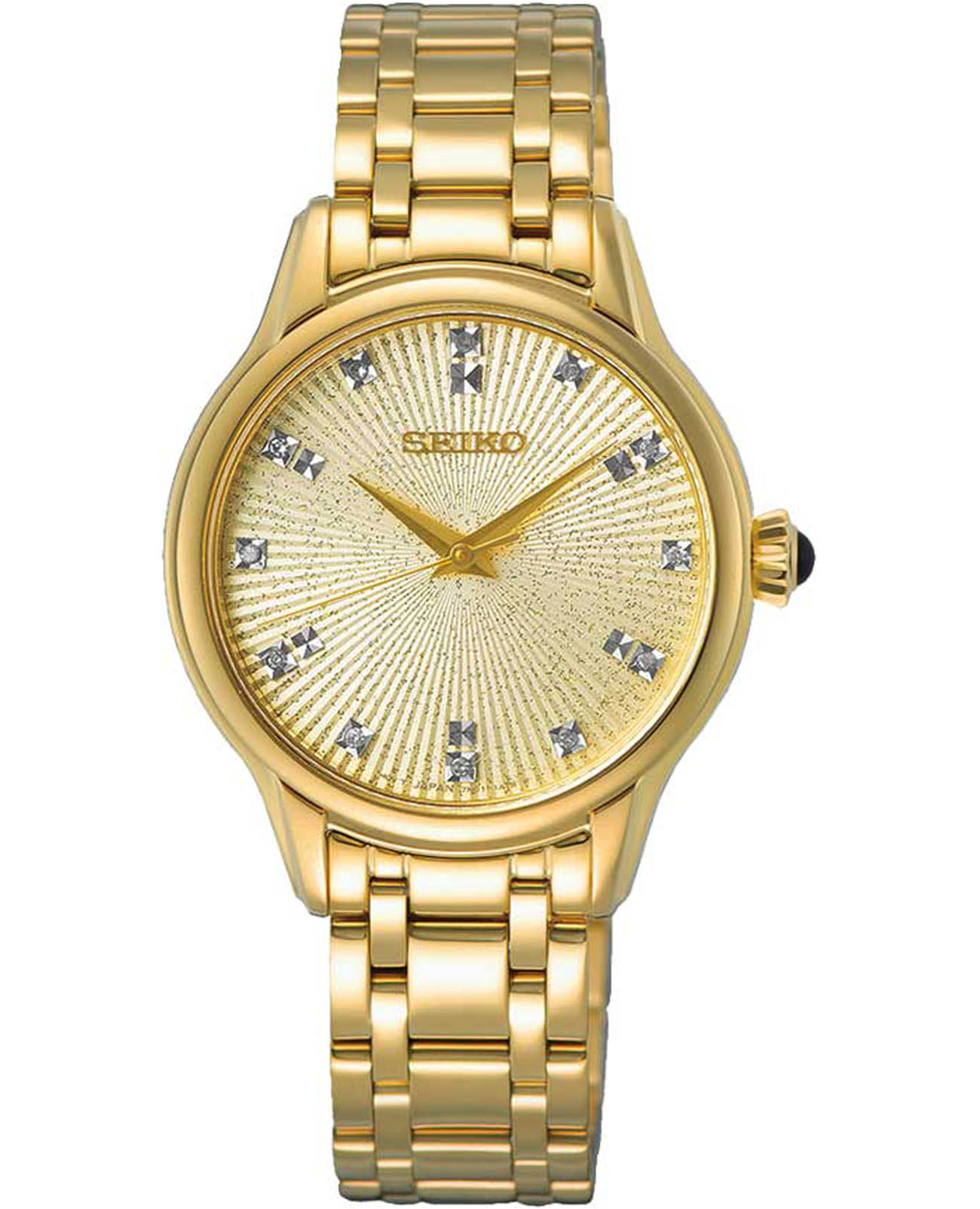 Seiko Seiko Discover More SRZ552P1  SRZ552P1 кварцевые женские часы золотой циферблат, браслет нержавеющая сталь с pvd-покрытием — вид спереди