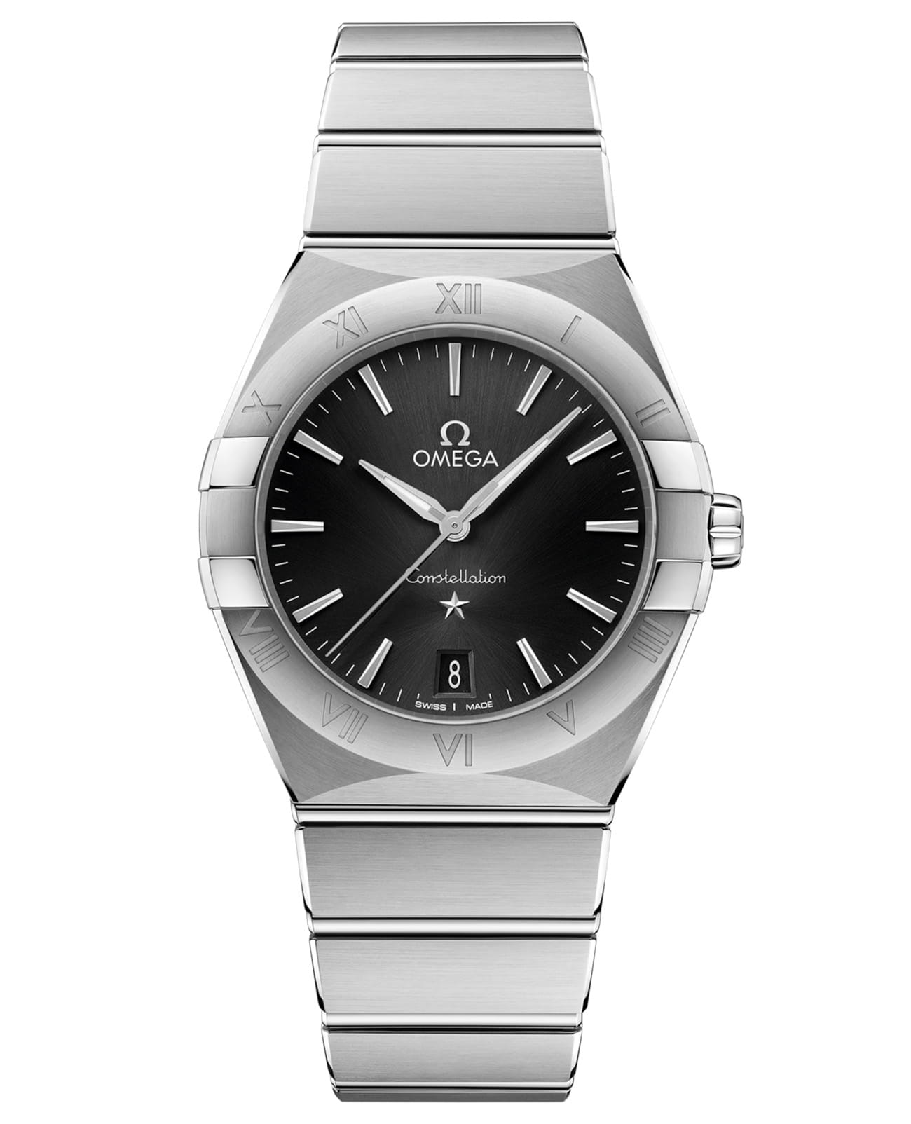 Omega Omega Constellation 131.10.36.60.01.001  13110366001001 кварцевые женские часы черный циферблат, браслет нержавеющая сталь — вид спереди