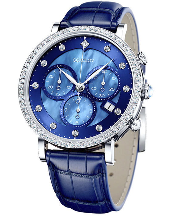 Sokolov 127.30.00.001.05.04.2  127.30.00.001.05.04.2 кварцевые женские часы синий циферблат, браслет кожаный — вид спереди
