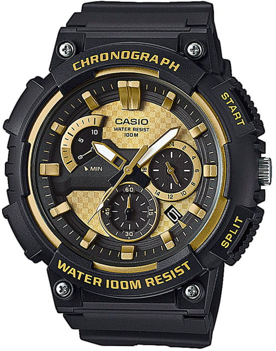 Casio Casio Collection MCW-200H-9AVDF (MCW-200H-9A)  MCW-200H-9A кварцевые мужские часы золотой циферблат, браслет пластик — вид спереди