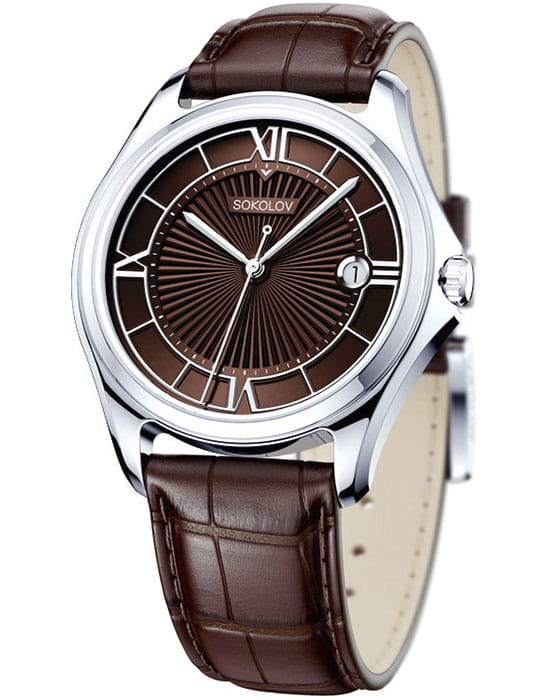 Sokolov 135.30.00.000.04.03.3  135.30.00.000.04.03.3 кварцевые мужские часы коричневый циферблат, браслет кожаный — вид спереди