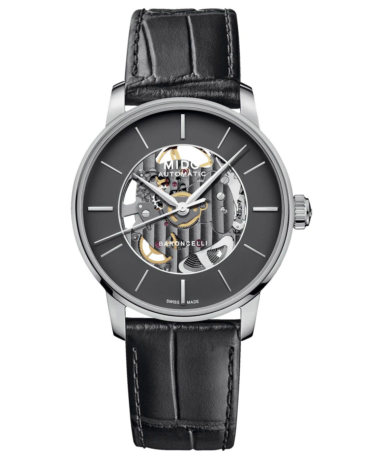 Mido Mido Baroncelli Signature Skeleton M037.436.16.061.00  M0374361606100 механические мужские часы антрацитовый циферблат, браслет кожаный — вид спереди
