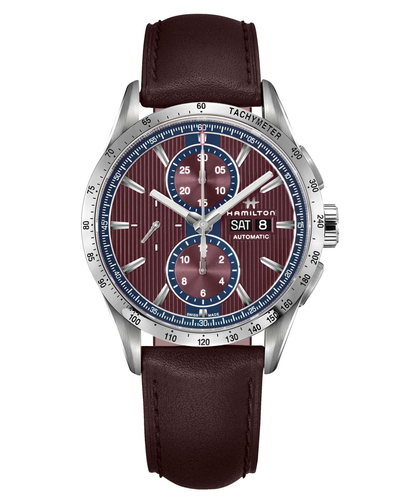 Hamilton Hamilton Broadway Auto Chrono H43516871  H43516871 механические мужские часы бордовый циферблат, браслет кожаный — вид спереди