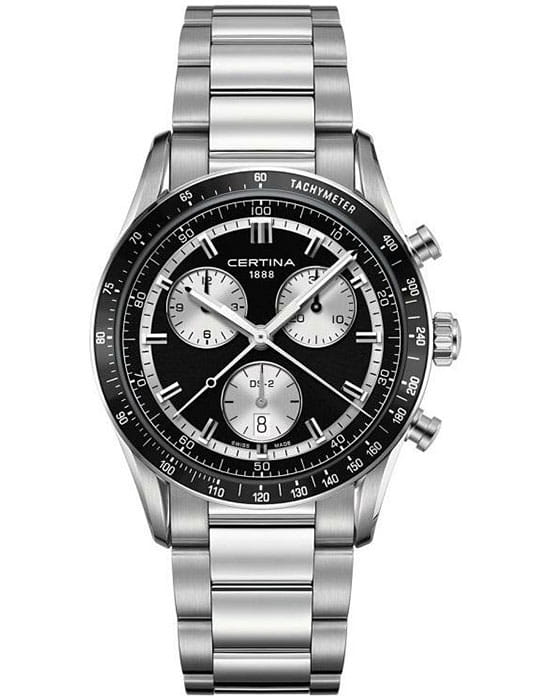 Certina Certina DS-2 Chronograph 1/100 sec C024.447.11.051.00 DS 2 C0244471105100 кварцевые мужские часы черный циферблат, браслет нержавеющая сталь — вид спереди