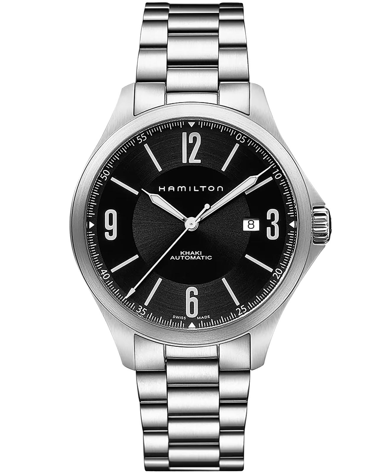 Hamilton Hamilton Khaki Aviation Auto H76665135  H76665135 механические мужские часы черный циферблат, браслет нержавеющая сталь — вид спереди