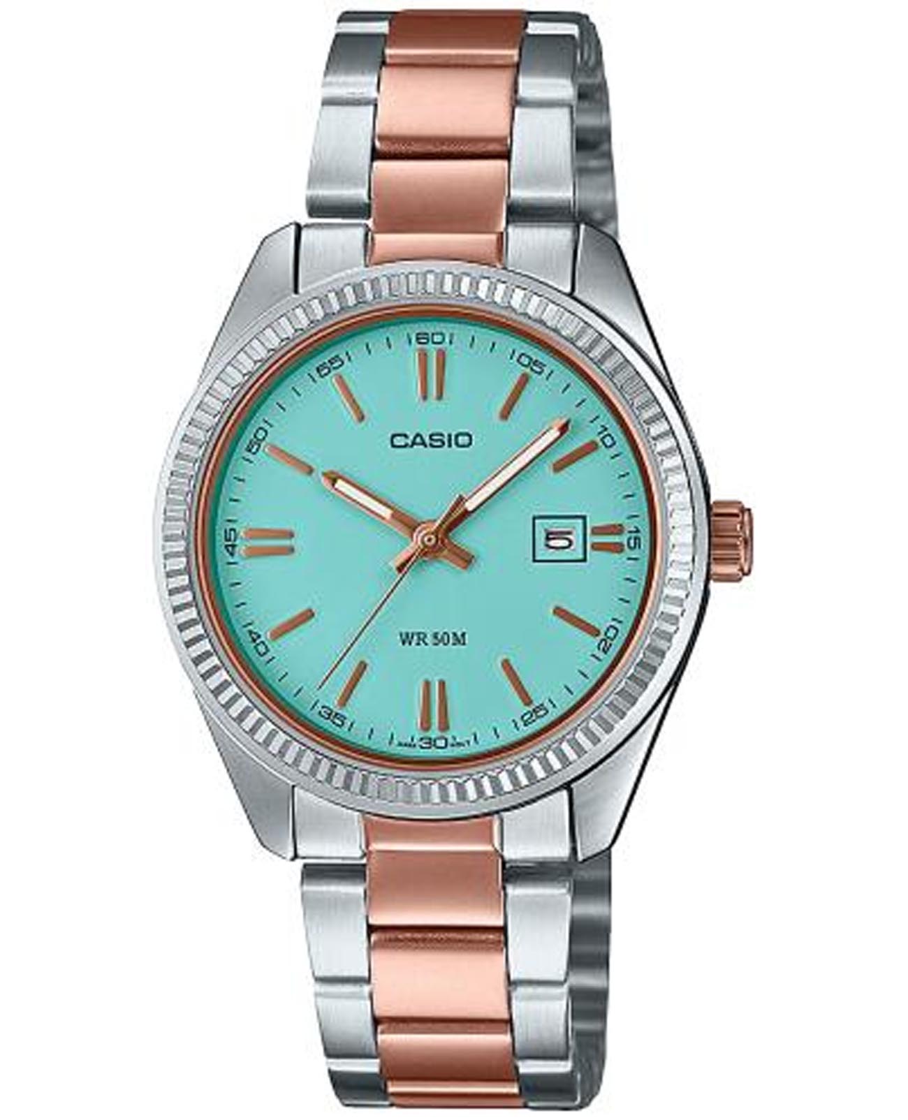 Casio Casio Collection LTP-1302PRG-2AVEF  LTP-1302PRG-2AVEF кварцевые женские часы бирюзовый циферблат, браслет нержавеющая сталь с ip-покрытием — вид спереди