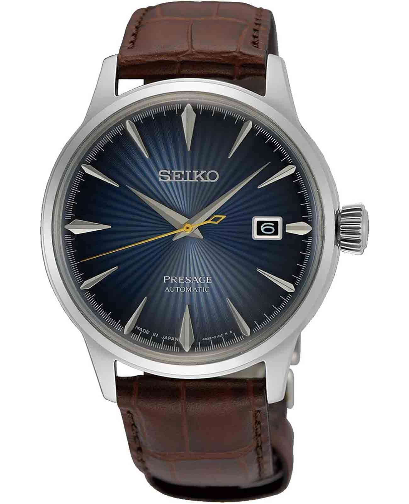 Seiko Seiko Presage SRPK15J1  SRPK15J1 механические мужские часы синий циферблат, браслет кожаный — вид спереди