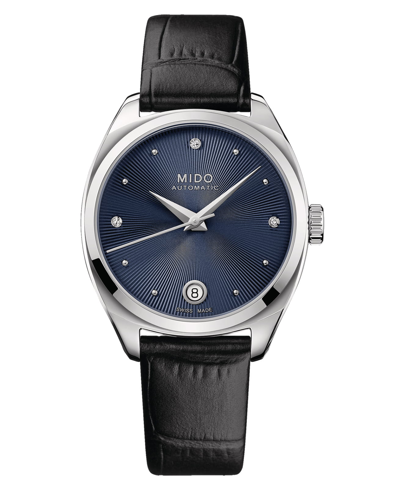 Mido Mido Belluna Royal Lady M024.307.16.046.00  M0243071604600 механические женские часы синий циферблат, браслет кожаный — вид спереди
