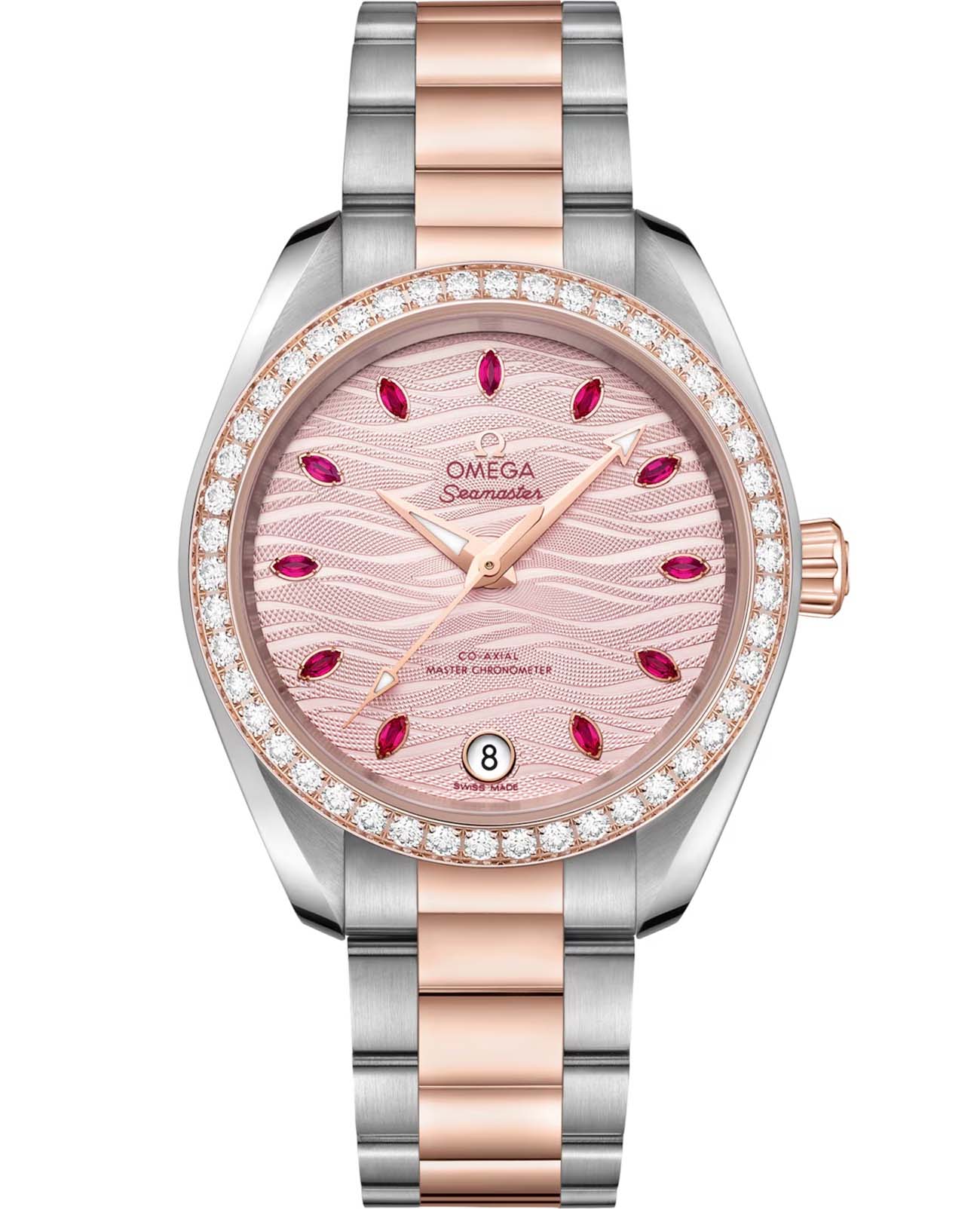 Omega Omega Seamaster Aqua Terra 220.25.34.20.60.001 Aqua Terra 22025342060001 механические женские часы розовый циферблат, браслет нержавеющая сталь + золото 18к — вид спереди