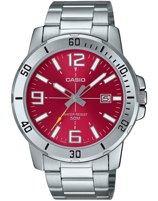 Casio Casio Collection MTP-VD01D-4BVUDF (MTP-VD01D-4B)  MTP-VD01D-4BVUDF кварцевые мужские часы красный циферблат, браслет нержавеющая сталь — вид спереди