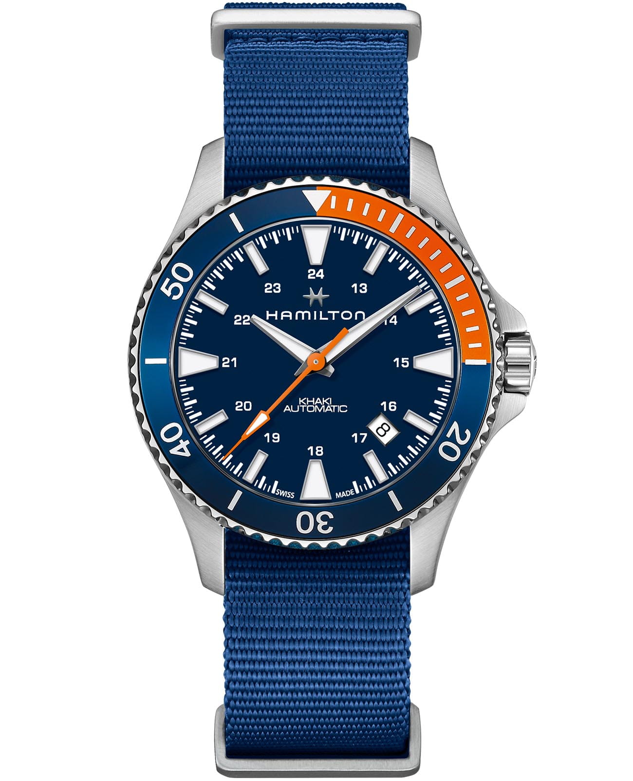 Hamilton Hamilton Khaki Navy Scuba Auto H82365941  H82365941 механические мужские часы синий циферблат, браслет тканевый — вид спереди