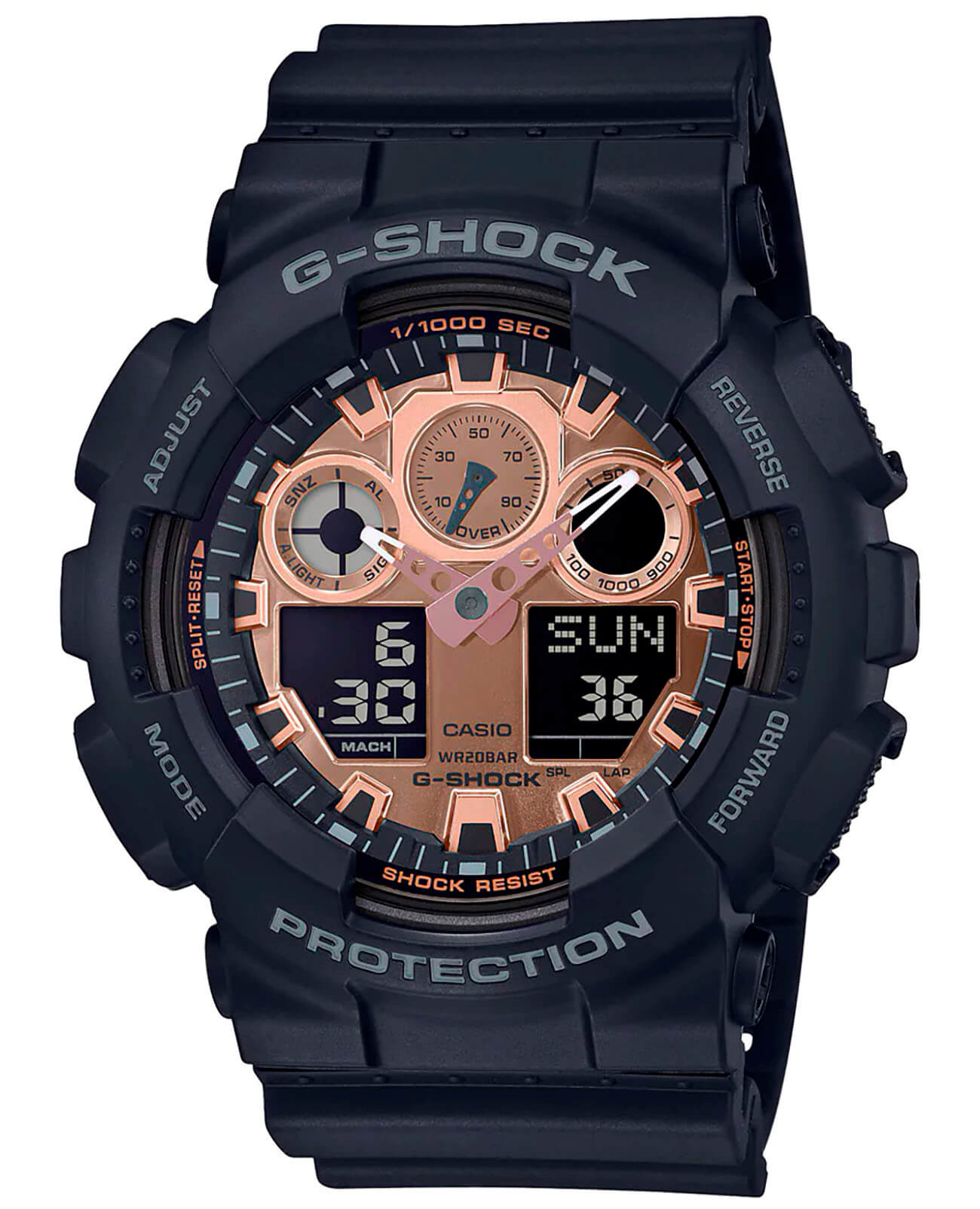 Casio Casio G-Shock GA-100MMC-1A GA-100 GA-100MMC-1A электронные мужские часы золотой циферблат, браслет пластик — вид спереди