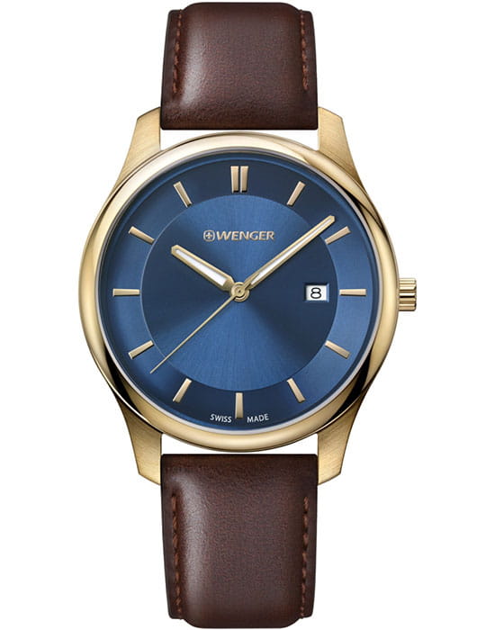 Wenger 01.1441.119  01.1441.119 кварцевые мужские часы синий циферблат, браслет кожаный — вид спереди