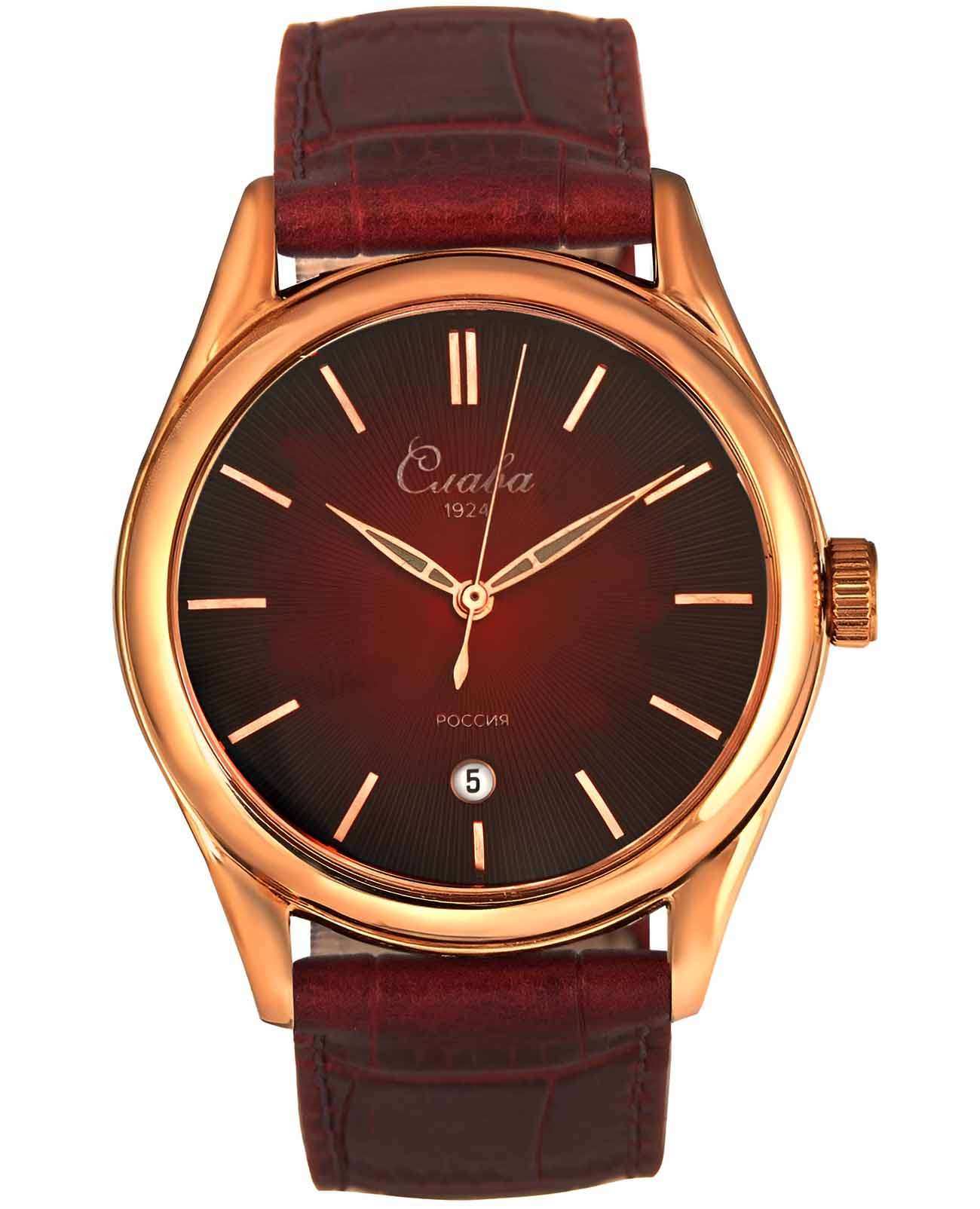 Слава Слава Сенат 2493534/300-2115  2493534/300-2115 кварцевые мужские часы красный циферблат, браслет кожаный — вид спереди