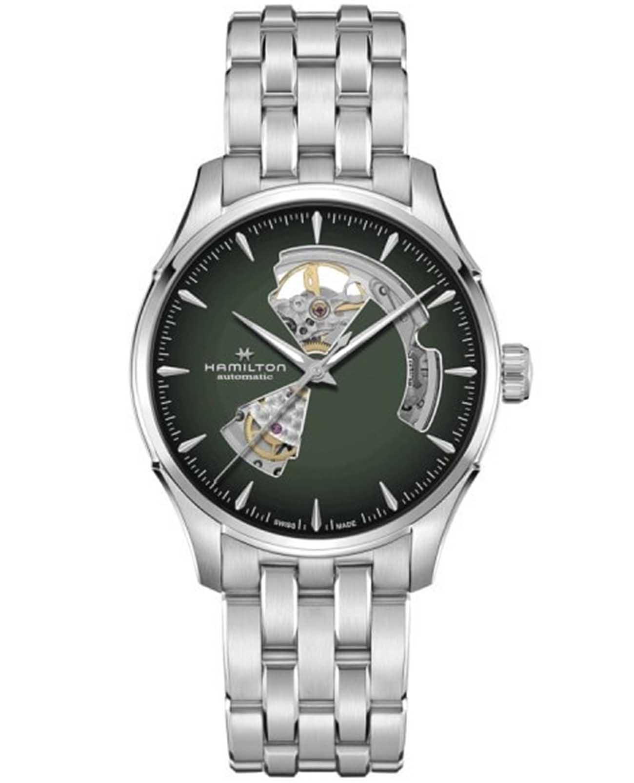 Hamilton Hamilton Jazzmaster Open Heart Auto H32705160  H32705160 механические мужские часы зеленый циферблат, браслет нержавеющая сталь — вид спереди