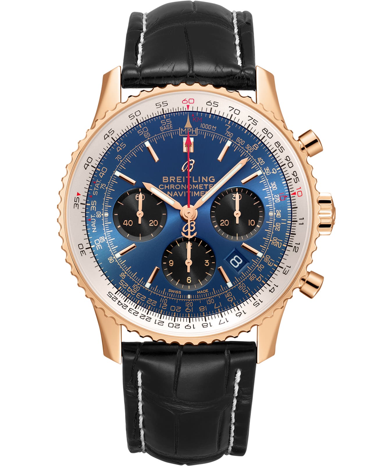 Breitling Breitling Navitimer B01 Chronograph 43 RB0121211C1P1  RB0121211C1P1 механические мужские часы синий циферблат, браслет кожаный — вид спереди