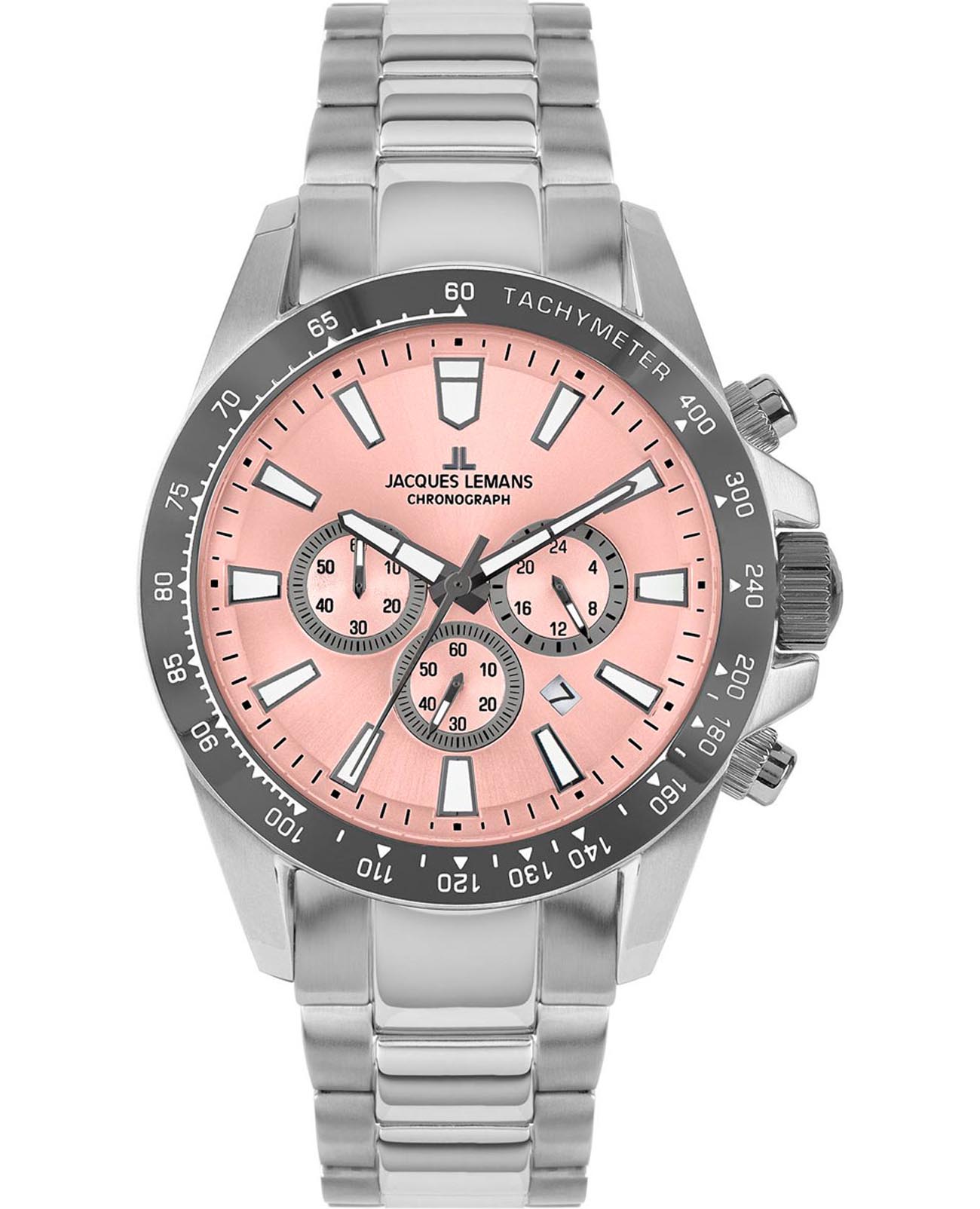 Jacques Lemans Jacques Lemans Liverpool 1-2140L  1-2140L кварцевые мужские часы розовый циферблат, браслет нержавеющая сталь — вид спереди