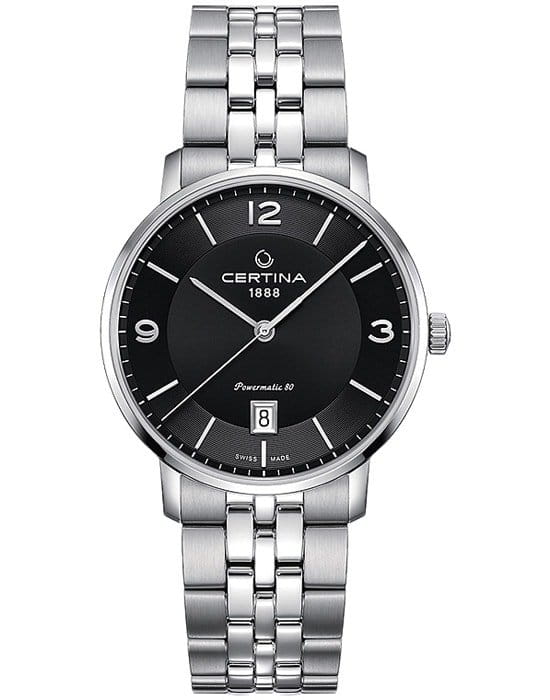 Certina Certina DS Caimano Powermatic 80 C035.407.11.057.00 DS Caimano C0354071105700 механические мужские часы черный циферблат, браслет нержавеющая сталь — вид спереди