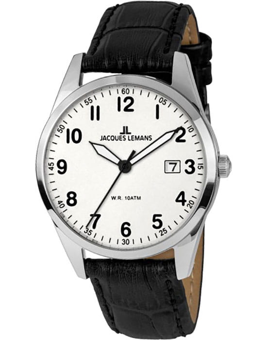 Jacques Lemans Jacques Lemans 1-2002B  1-2002B кварцевые мужские часы белый циферблат, браслет кожаный — вид спереди
