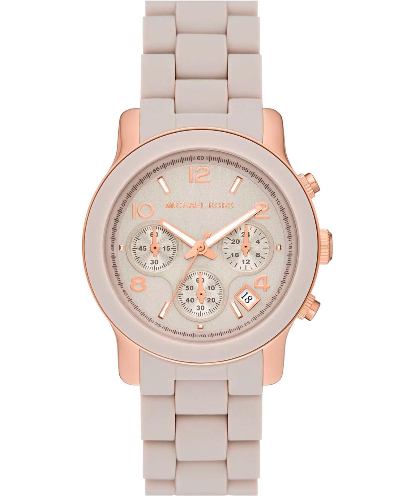 Michael Kors Michael Kors Runway MK7386  MK7386 кварцевые женские часы розовый циферблат, браслет нержавеющая сталь с pvd-покрытием + силикон — вид спереди