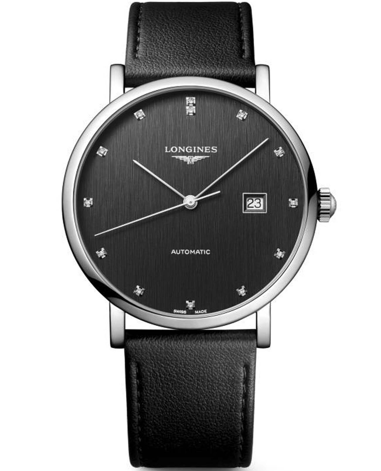 Longines Longines Elegant Collection L4.911.4.78.2  L49114782 механические мужские часы черный циферблат, браслет кожаный — вид спереди