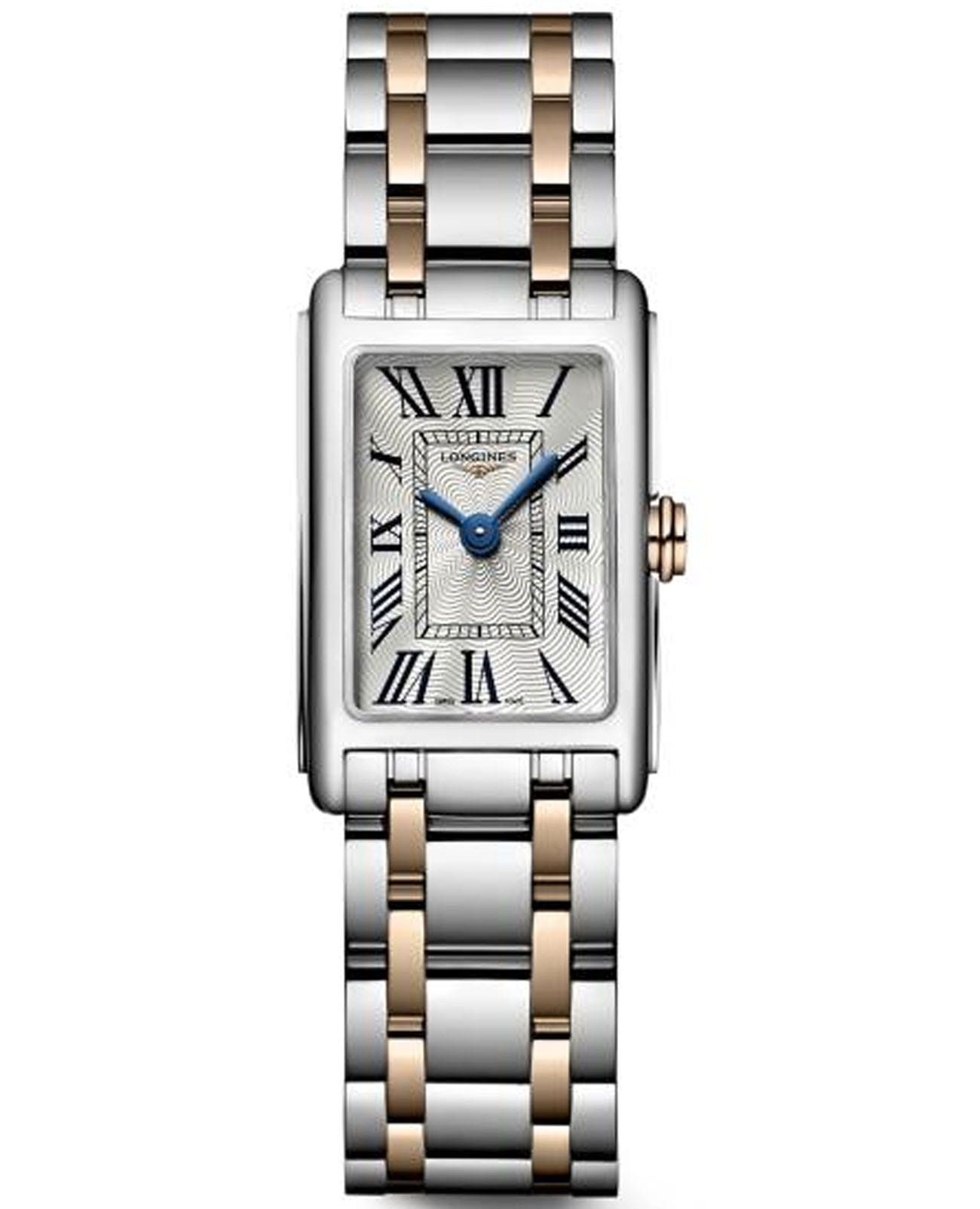 Longines Longines DolceVita L5.258.5.71.7  L52585717 кварцевые женские часы серебристый циферблат, браслет нержавеющая сталь и 18 каратное розовое золото — вид спереди