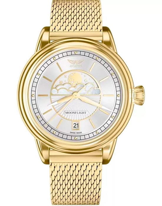 Aviator Aviator Douglas MoonFlight V.1.33.1.343.5  V.1.33.1.343.5 кварцевые женские часы серебристый циферблат, браслет нержавеющая сталь с pvd-покрытием — вид спереди