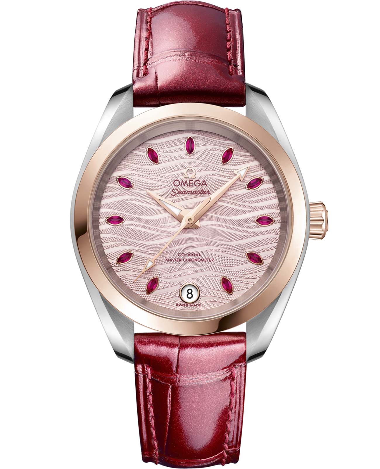 Omega Omega Seamaster Aqua Terra 220.23.34.20.60.001 Aqua Terra 22023342060001 механические женские часы розовый циферблат, браслет кожаный — вид спереди