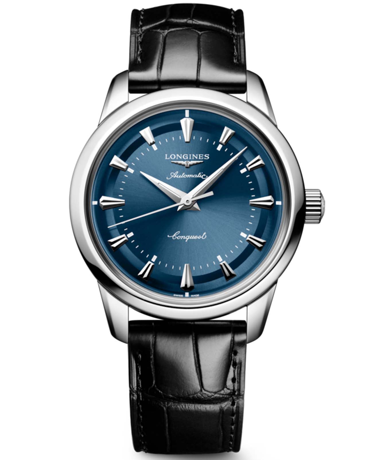 Longines Longines Conquest Heritage L1.649.4.92.2  L16494922 механические мужские часы синий циферблат, браслет кожаный — вид спереди