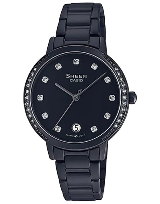 Casio Casio Sheen SHE-4056BD-1A  SHE-4056BD-1A кварцевые женские часы черный циферблат, браслет сталь с ip покрытием — вид спереди